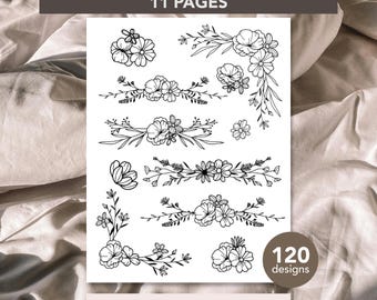 Printable Stick and Stitch Floral Embroidery Pattern, Hand Embroidery PDF, Floral Stick and Stitch Transfer, Embroidery PDF template