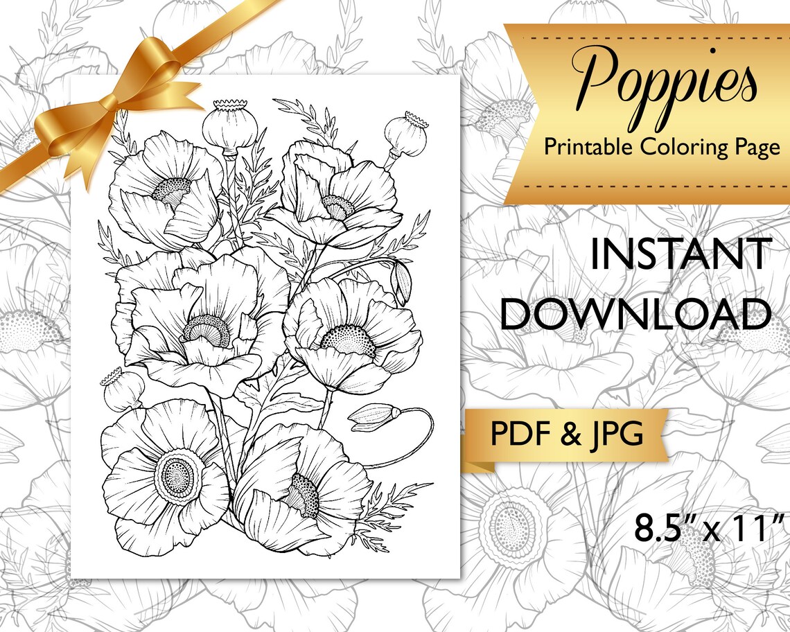 Printable Adult Coloring Page, Flower Coloring Page for Adults, Poppies ...