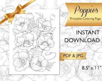 Printable adult coloring page, Flower Coloring Page for adults, Poppies Coloring Page PDF, Coloring At Home, Meditative coloring, Digital