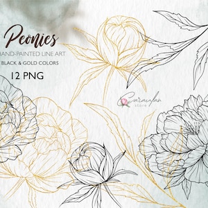 Pfingstrose Umriss, Linie Kunst Blumen, Gold Pfingstrose Linie Kunst, Hochzeit Clipart, Floral Line Art, Blume Umriss, botanische Linie Kunst PNG, Strichzeichnung