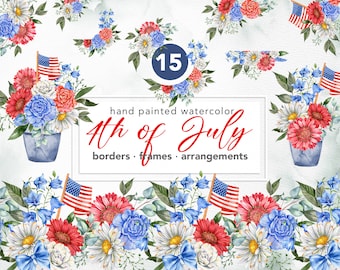 4th of July clipart, Watercolor Patriotic clipart, Patriotic Floral Bouquets, USA Floral Clipart, Memorial Day Clipart, Independence Day