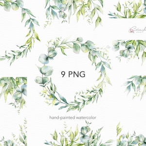 Watercolor Greenery Frames, Greenery Borders, Green Leaves PNG clipart, Leaves Arrangements, Foliage Clipart, Eucalyptus Frames PNG