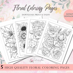 Flower Coloring Pages for Adults Printable, Adult Coloring Pages, Floral Coloring Book for adults, Digital Coloring at Home, Home Activity