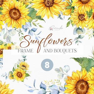 Sunflower Clipart, Sunflower Bouquets, Eucalyptus Clipart, Sunflowers PNG, Watercolor Bouquets, Hand Painted Wedding Invitation Flowers PNG