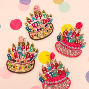 Miracle Collection Beaded Birthday cake, Birthday Queen,  Happy Birthday Earrings for Celebration Birthday Party Earring