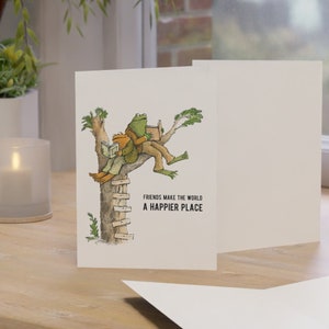 Vintage greeting card Frog and Toad with an illustration of best friends reading books together, gift for your best friend or reading lover
