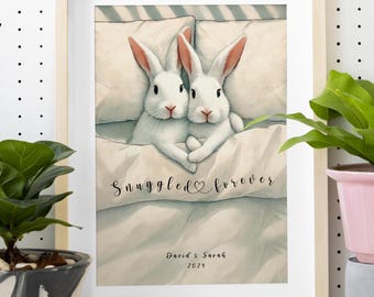 Personalized Couple Print, Custom Bunny Illustration, Anniversary Engagement Valentines Gift Idea, Rabbit Love Print, Love Poster
