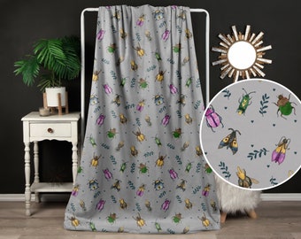 Velveteen Plush Blanket, Vintage Insect Bug Design, Boho Home Decor