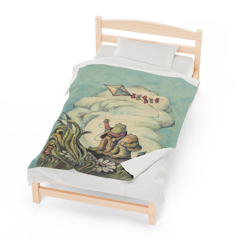 Velveteen Plush Frog and Toad Blanket, Vintage Reading Lovers Blanket, Book Lovers Blanket, Cute Frog Blanket, Aesthetic Book Illustration image 2