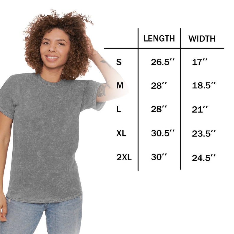 May include: Size chart for a t-shirt with measurements in inches. The chart shows the length and width of the shirt in sizes S, M, L, XL, and 2XL.