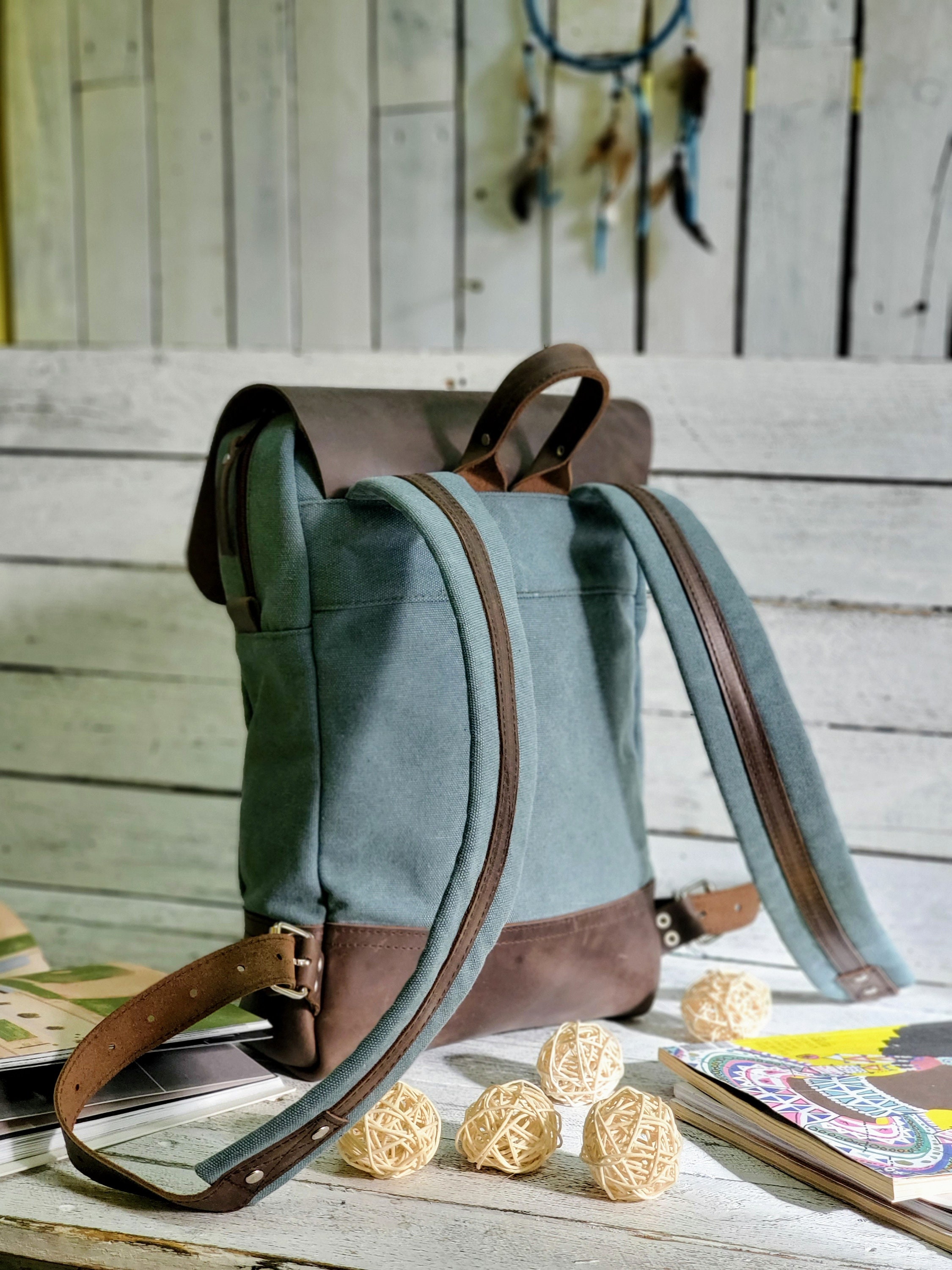 Vintage Green Canvas Leafs Hand Print Backpack for Women Boho | Etsy