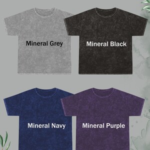 May include: Color chart showing four t-shirts in different colors: Mineral Grey, Mineral Black, Mineral Navy, and Mineral Purple.