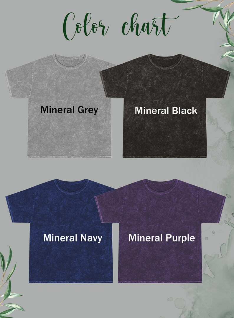 May include: Color chart showing four t-shirts in different colors: Mineral Grey, Mineral Black, Mineral Navy, and Mineral Purple.