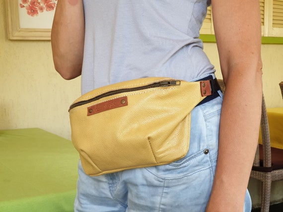 yellow leather fanny pack