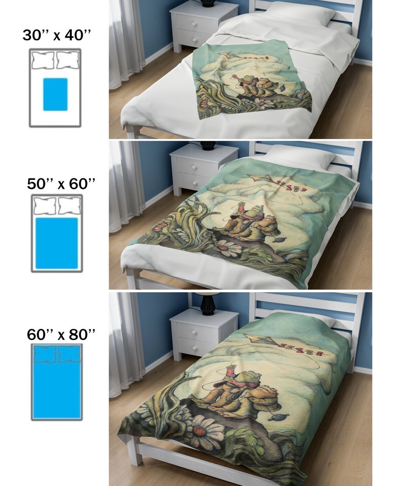 May include: A whimsical illustration of two frogs holding a kite on a blue and green background. The illustration is printed on a soft, plush throw blanket. The blanket is available in three sizes: 30 inches by 40 inches, 50 inches by 60 inches, and 60 inches by 80 inches.