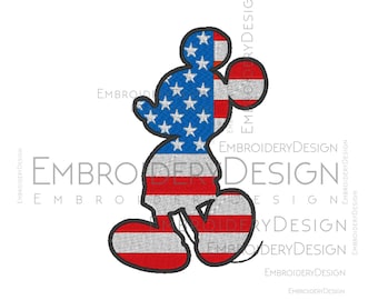 Puede incluir: Una silueta de Mickey Mouse roja, blanca y azul con el diseño de la bandera estadounidense.