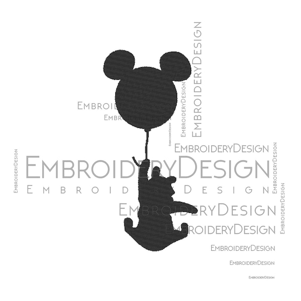 Winnie the Pooh Floating on Mickey Mouse Balloon Embroidery Machine Design Funny File pattern digital download pes