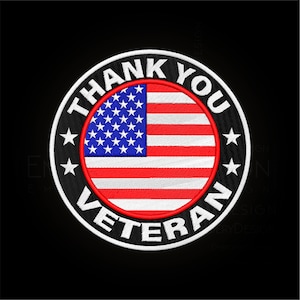 May include: A black and white circular patch with the text "Thank You Veteran" surrounding an American flag in the center.