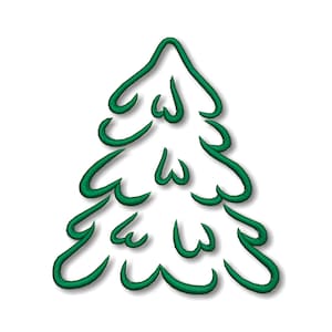 Op de afbeelding: Een groene omtrek van een gestileerde kerstboom met een schaduw.