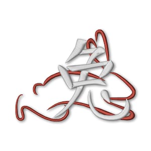 Könnte beinhalten: Weiß gestickter japanischer Kanji-Charakter "愛" (Liebe) mit roter Umrandung. Der Charakter ist mit einem fließenden, kalligraphischen Design gestaltet.
