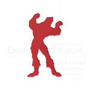 May include: Red silhouette of a muscular figure with arms raised in a powerful pose. The figure is standing with legs spread apart and a determined expression.