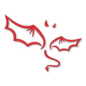以下が含まれることがあります： 赤い悪魔の翼と尻尾の輪郭のイラスト。翼は広げられ、尻尾は丸まっています。