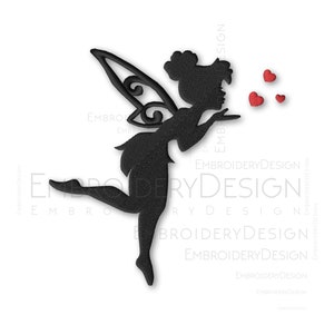May include: Black silhouette of a fairy blowing red hearts. The fairy has wings and is in a flying pose.