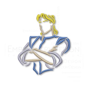 Puede incluir: Un diseño bordado estilizado de una persona con cabello rubio y ropa azul. La persona está de pie con los brazos cruzados.