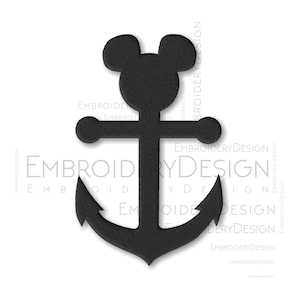 May include: Black anchor with Mickey Mouse ears on top. The anchor is a nautical symbol and Mickey Mouse is a popular cartoon character.