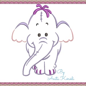 Könnte beinhalten: Eine lila und rosafarbene Linienzeichnung eines Cartoon-Elefanten mit einem traurigen Gesichtsausdruck. Der Elefant hat ein großes, schlaffes Ohr auf jeder Seite seines Kopfes und einen langen Rüssel. Der Text "By Anita Körödi" steht unter dem Elefanten.