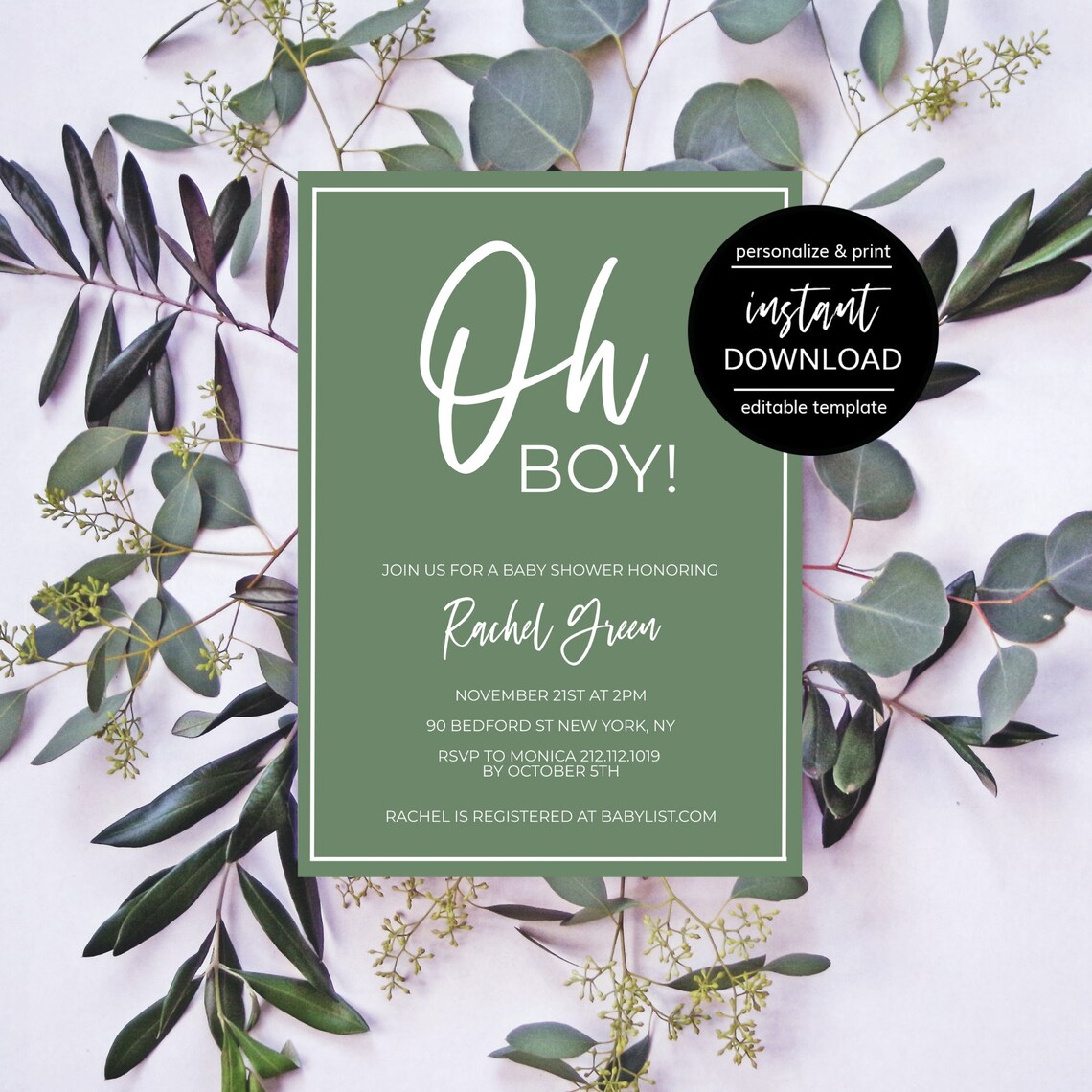 Oh Boy Modern Green Baby Shower Invitation INSTANT DOWNLOAD Etsy