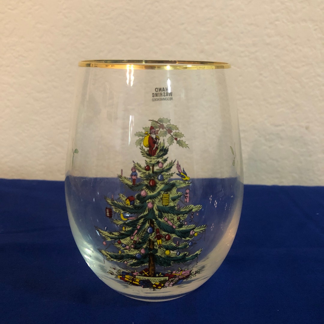1 New Spode Christmas Stemless Wine Glass With Gold Trim Etsy