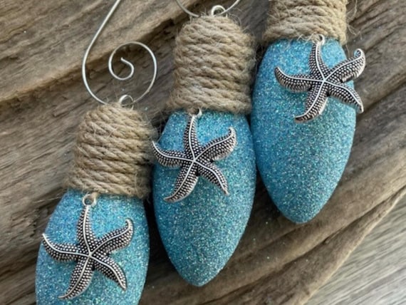 Set of 3 Beach Christmas tree ornaments - sparkle bulb coastal ornaments