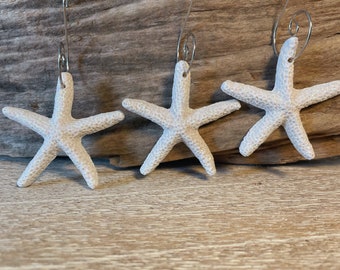 Sparkly Starfish Christmas Ornaments: White Glitter Nautical Decor, Set of 3