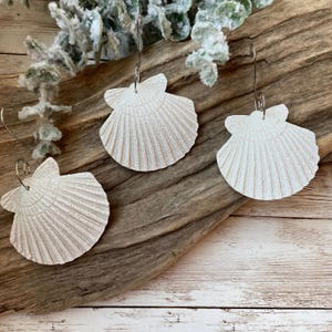 Scallop Seashell Christmas Ornaments: White Glitter Beach Decor, Set of 3