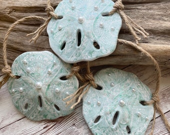 Set of 3 Sand dollars, aqua blue beachy Christmas tree ornaments