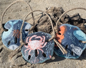 3 Sand dollar crab Christmas tree nautical ornaments, set of 3