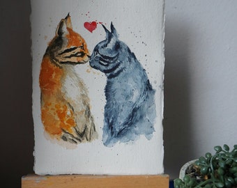 Original Watercolour Painting, Rag Handmade Paper, Cats, Love, A5