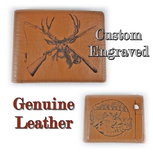 Handcrafted Genuine Leather Wallet with Custom Engraving of a Deer, Hunter, Fish, and Fishing Pole