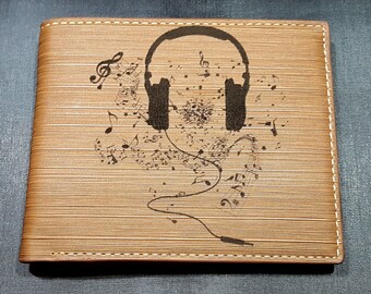Headphones with Music Notes Men/'s Wallet Laser Engraved Gift