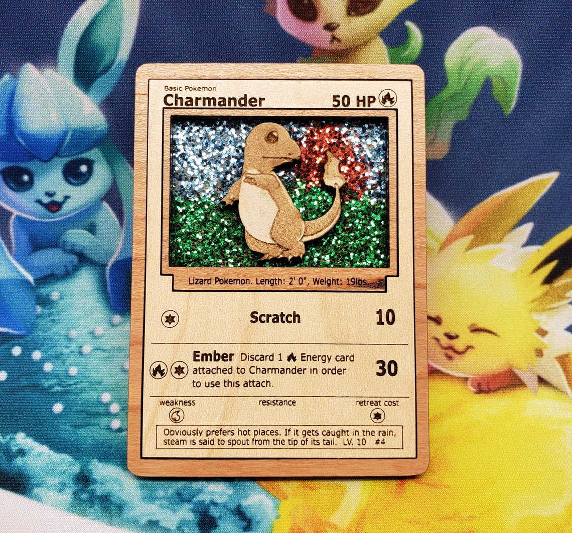 3d Wooden Pokemon Card Charmander From Base Set Holo Pokemon Etsy