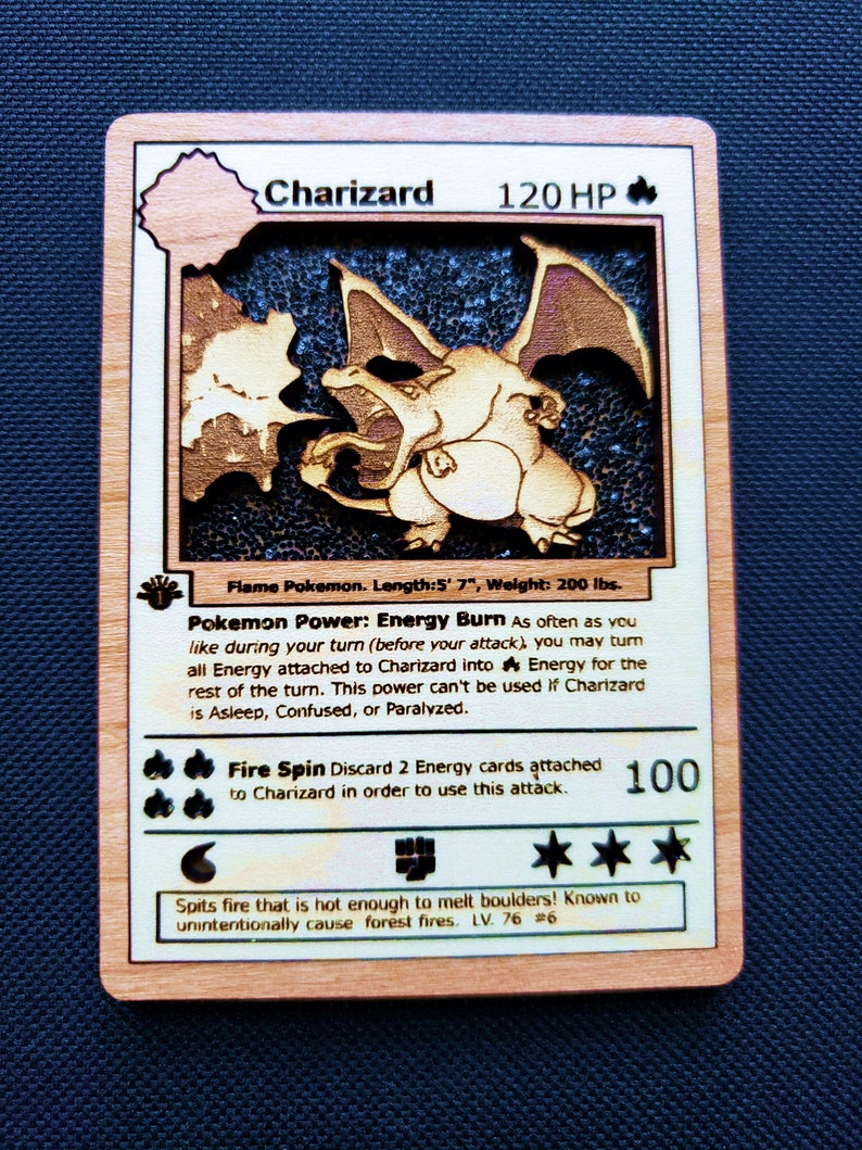 3d Wooden Pokemon Card Charizard From Base Set Holo Pokemon Etsy