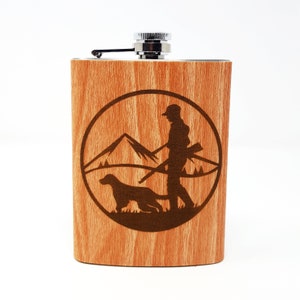 Hunter and His Dog Silhouette 8 oz Stainless Steel Flask, Imitation Wood Fake Leather Gift