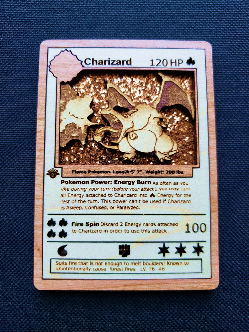 3d Wooden Pokemon Card Charizard From Base Set Holo Pokemon Etsy