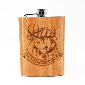 Hunting and Fishing 8 oz Stainless Steel Flask, Imitation Wood Fake Leather Gift