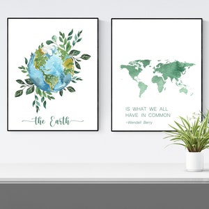 Druckbare Aquarell Erde Kunst 2er-Set, sofortiger Download Eco Erde Drucke, Welt Kunst, Greenery Planet Erde Wandkunst, Go Green, Erdkugel