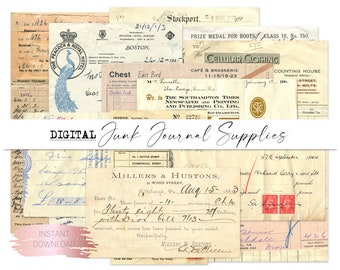 Puede incluir: Una colección de efímeras vintage, que incluyen recibos, facturas y cartas, con notas escritas a mano y sellos. Los papeles son de varios tonos de crema, amarillo y marrón, con algunos acentos azules y rojos. El texto incluye "The Peacock & Royal Hotel", "Cellular Clothing", "The Southampton Times", "Millers & Hustons", y "Descarga instantánea".