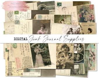 May include: A collection of vintage postcards and ephemera, featuring sepia-toned images of women, couples, and landscapes. The words "INSTANT DOWNLOAD" and "DIGITAL Junk Journal Supplies" are visible. The postcards include stamps and handwritten text.