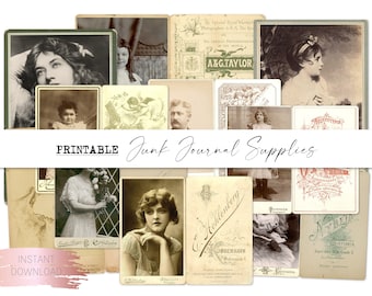 May include: Printable vintage style images for junk journaling. The images feature portraits of women, children, and men, as well as old advertisements and text.