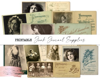 May include: A collection of vintage printable images for junk journaling. The images feature old photographs of people, text, and decorative elements. The images are in black and white and sepia tones.